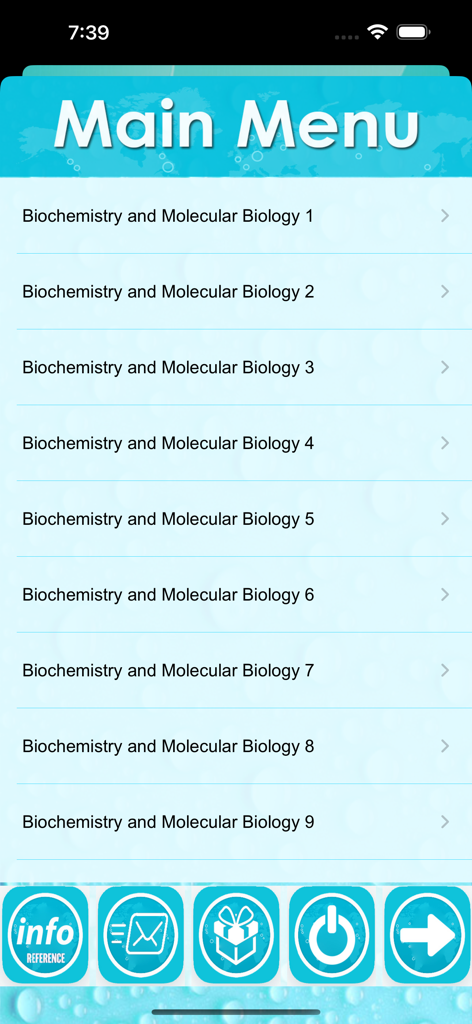 Main menu of the Biochemistry and Molecular Biology study app displaying a list of numbered learning modules.