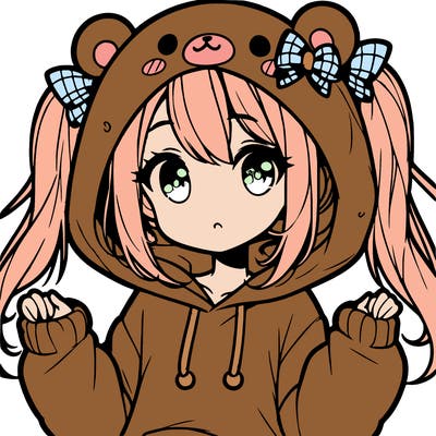 cute anime girl with ponytails and a cute bear hoodie