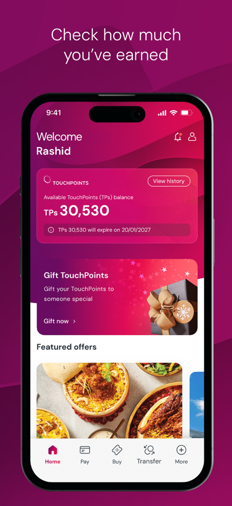 TouchPoints – Loyalty App - La pantalla de inicio de la aplicación de lealtad TouchPoints que muestra un saldo de usuario de treinta mil puntos y opciones para regalar puntos.