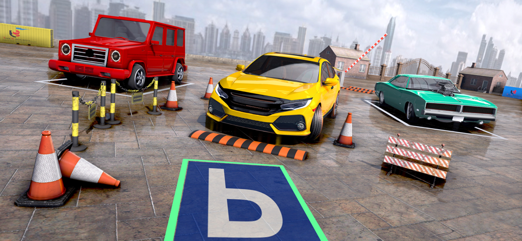 Car Parking Drive: Car Games - Múltiples coches incluyendo un SUV rojo y un sedán amarillo en un entorno de simulador de aparcamiento urbano con obstáculos de tráfico