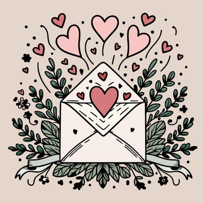 an envelope with hearts floating out of it, surrounded by floral accents or ribbons.