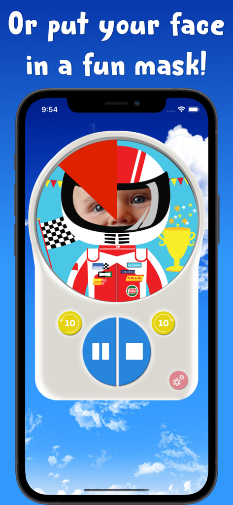 Visual countdown timer with a child's face inside a cartoon racing helmet mask