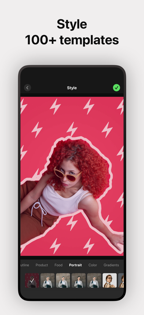 Cutout Camera AI Photo Editor - A portrait photo with a pink lightning bolt background and white outline in the Cutout Camera AI photo editor app style templates.