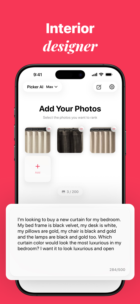 Picker AI - Best Photo Picker - Interfaz de la aplicación móvil Picker AI para asesoramiento de diseño de interiores que muestra tres opciones de color de cortina y una indicación del usuario para un look de dormitorio lujoso.