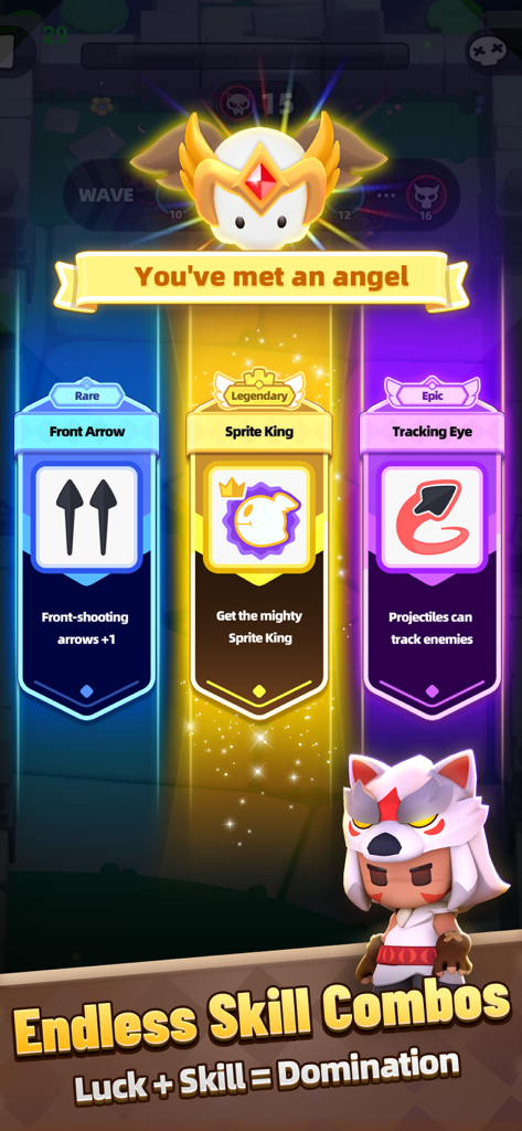 Pantalla de juego de Archero 2 que muestra una elección entre cartas de habilidad Raras, Legendarias y Épicas de un ángel.