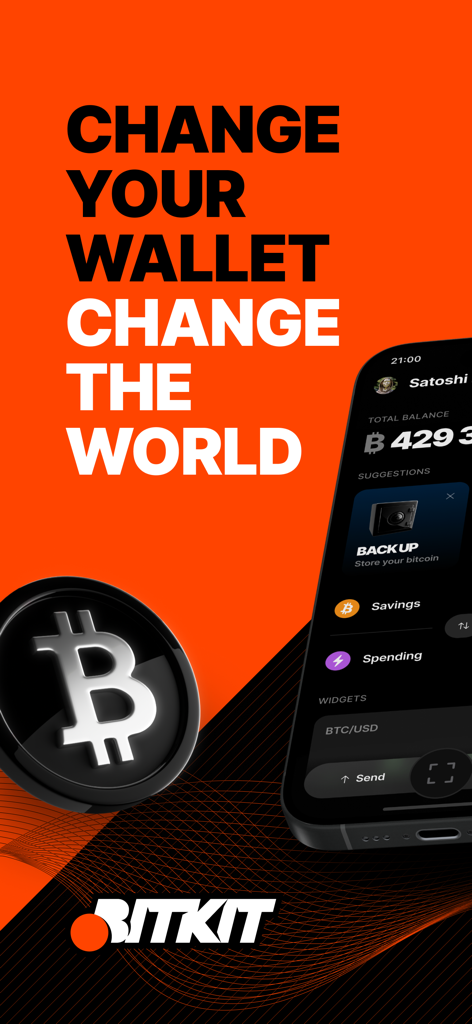 Bitkit: Bitcoin Wallet - Bitkit Bitcoin Wallet mobile interface with the slogan Change Your Wallet Change The World on a bright orange background