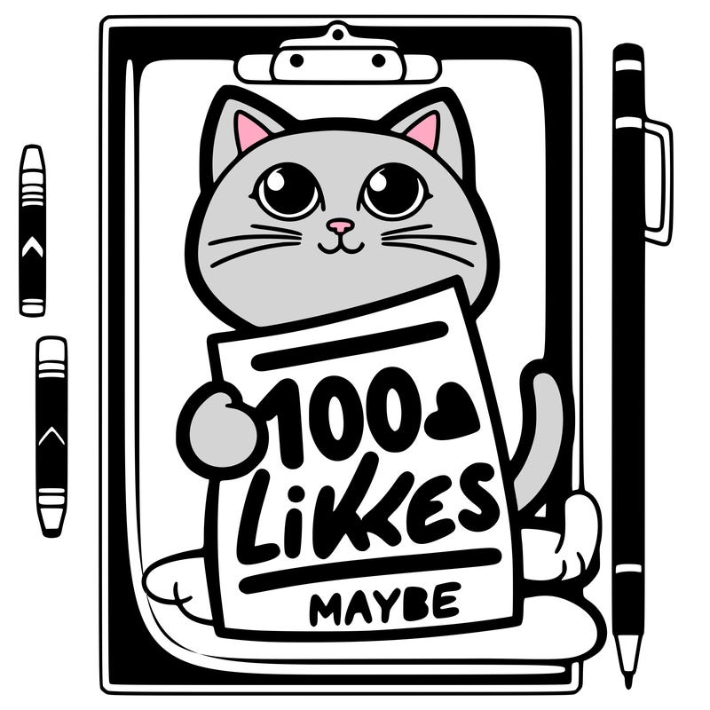 a cat holding a paper that says 100 likes maybe