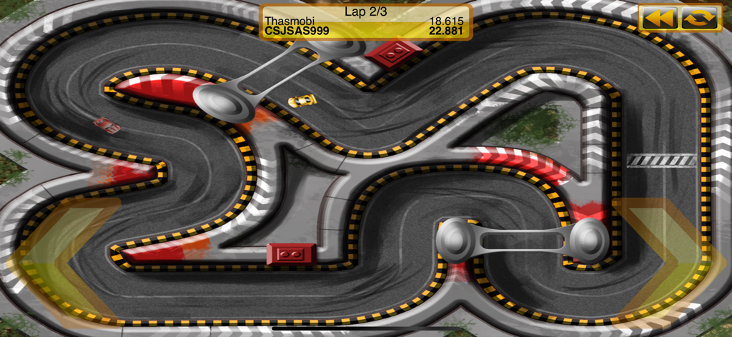 Tiny Racing - A top-down view of a curvy race track in Tiny Racing with small cars and lap time interface