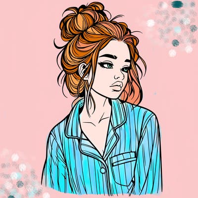 realistic woman with pajamas on and a messy bun
