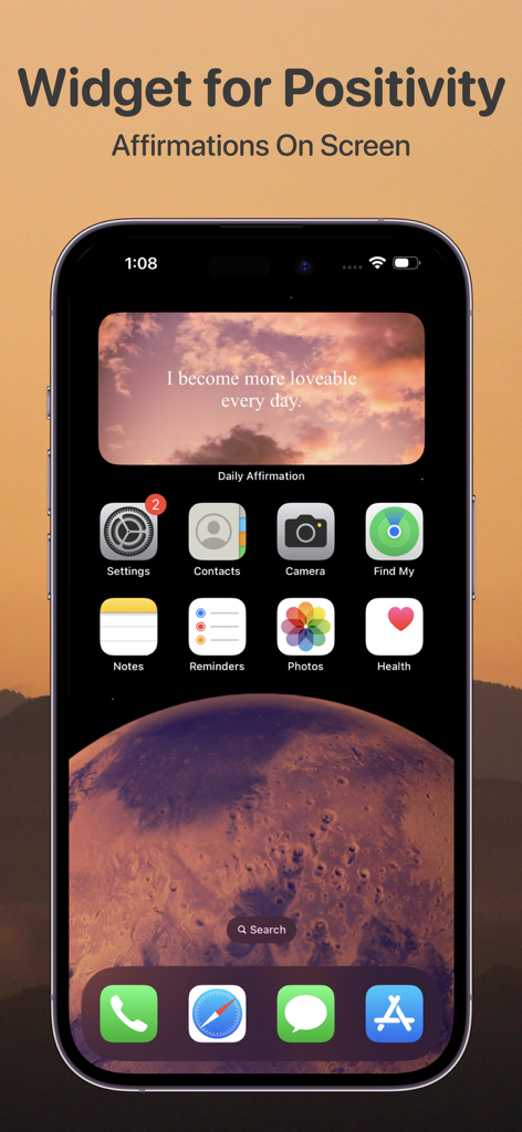 Daily Affirmations: Life Quote - Una pantalla de inicio de iPhone con un widget de afirmación diaria que muestra una cita motivacional y un fondo de atardecer.