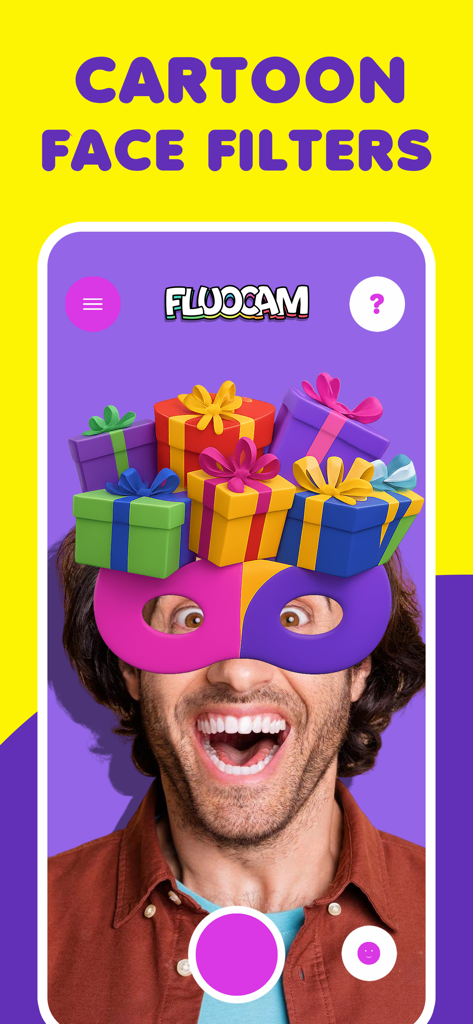 Funny face filters FluoCam - Hombre con un filtro de máscara facial de caja de regalo de caricatura en FluoCam