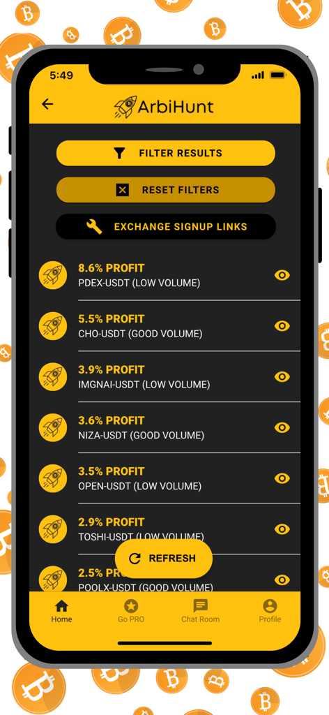 ArbiHunt - Crypto Arbitrage - ArbiHunt App-Bildschirm mit Echtzeit-Krypto-Arbitrage-Profitmöglichkeiten und Handelspaaren