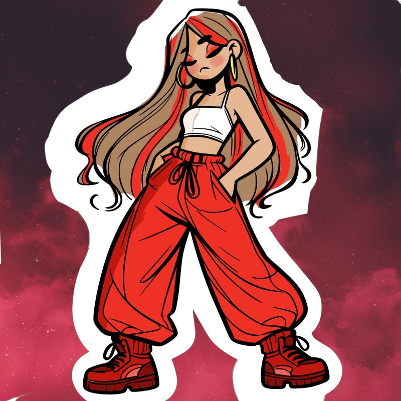 girl in baggy pants crop top and long hair