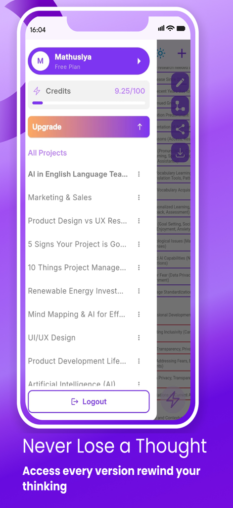 MindMap AIのインターフェース。アクティブなマインドマッププロジェクトのリストとユーザーアカウントクレジットが表示されます。
