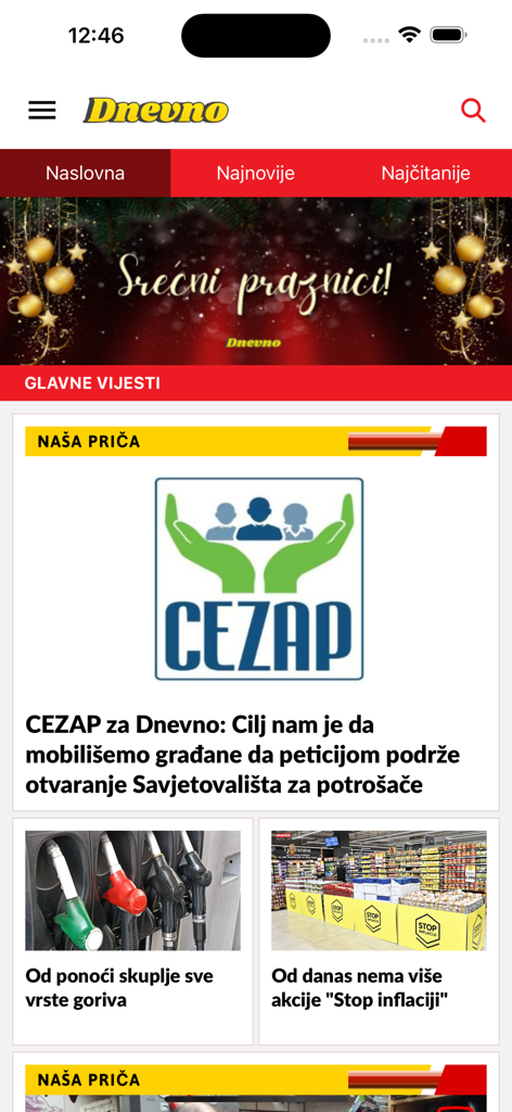 Dnevno.me - Main screen of the Dnevno news app with news headlines and categories.