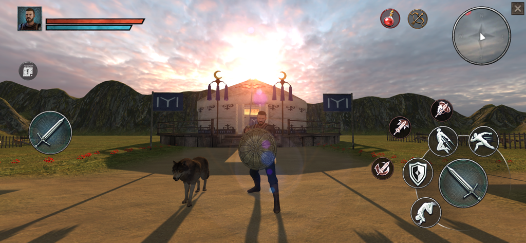 Warrior with sword and shield standing with a wolf near a tent at sunset