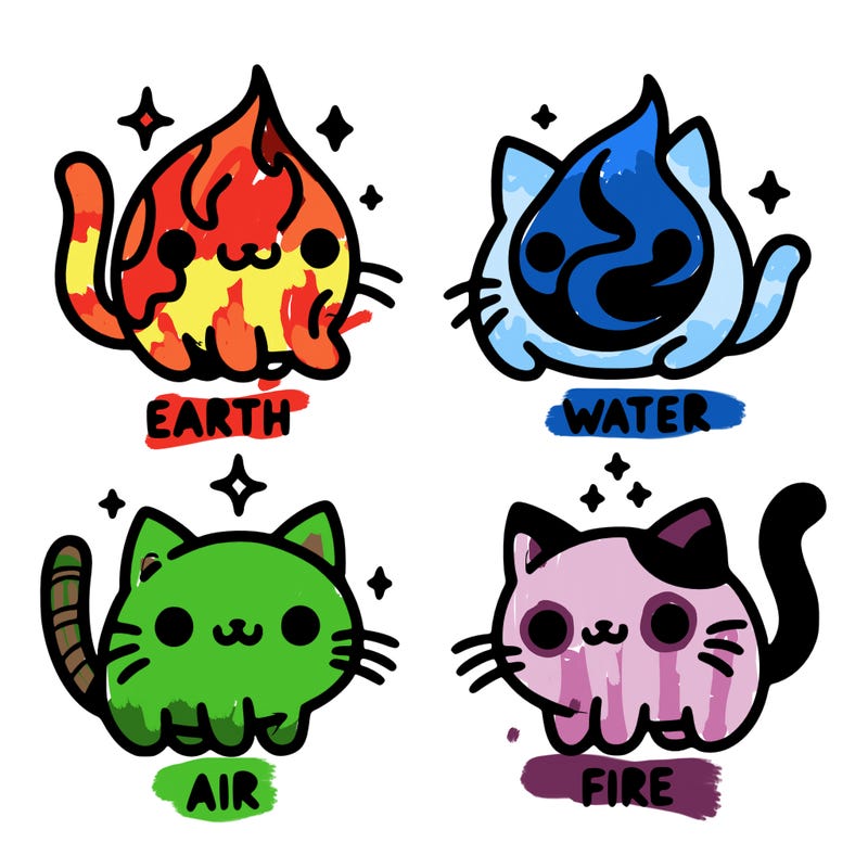 4 cats that represent the different elements, earth, water, air, and fire