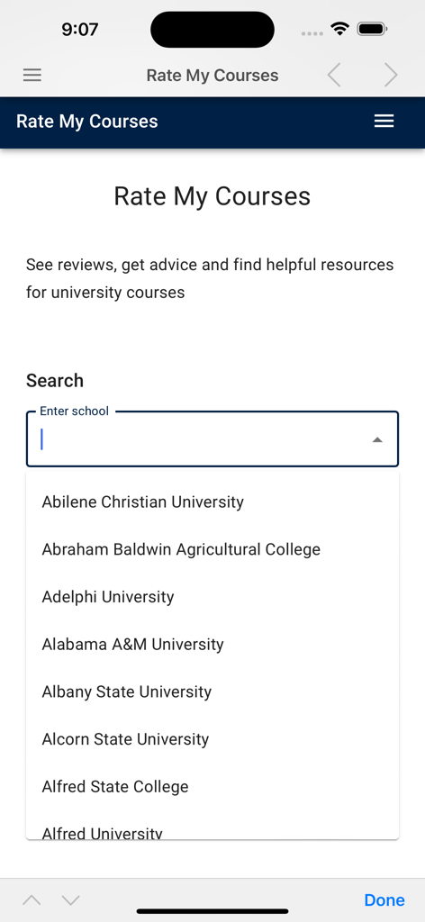 Rate My Prof Combo - Search screen for university course reviews featuring a dropdown menu with a list of US colleges