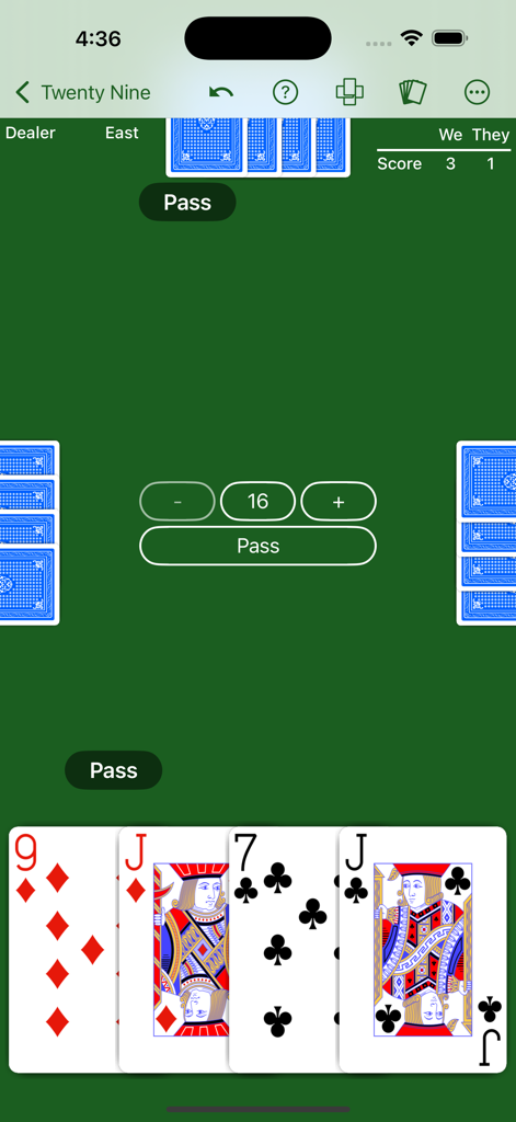 Interfaz de puja de la aplicación Twenty Nine Card Game mostrando la mano del jugador y la puntuación.