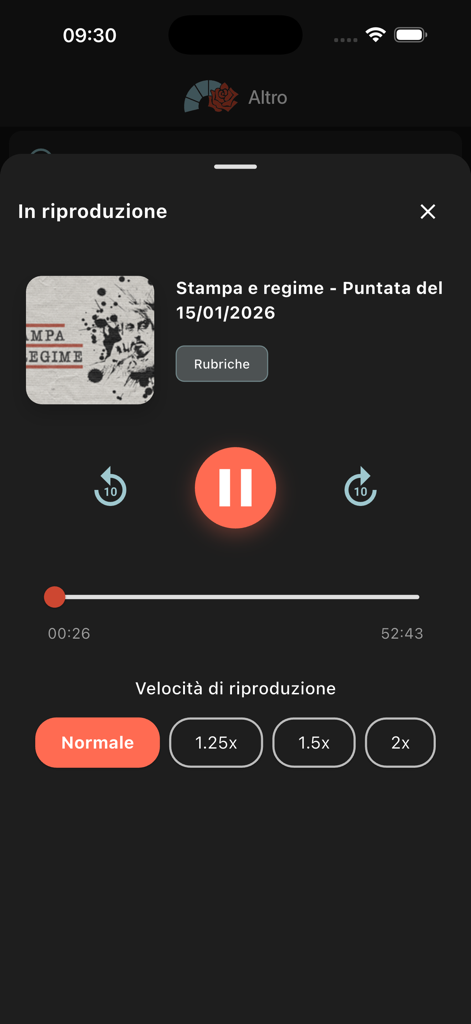 Radio Radicale - Tela do player de áudio do aplicativo Rádio Radicale com controles de reprodução e opções de seleção de velocidade