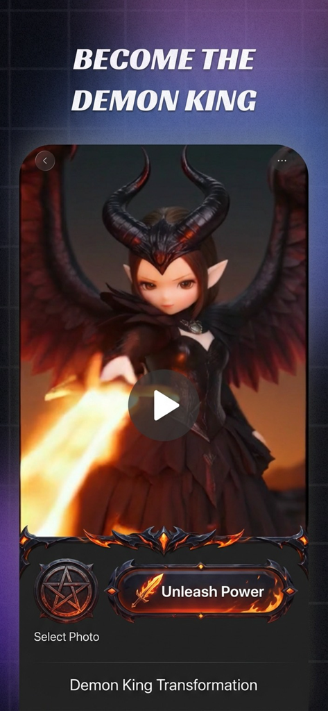 AI Reel - AI Video Maker - Interface of AI Reel app showing a demon king transformation feature with a winged character holding a flaming sword