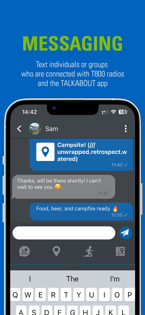 Motorola Talkabout app messaging interface showing off-grid text communication and location sharing using what3words.