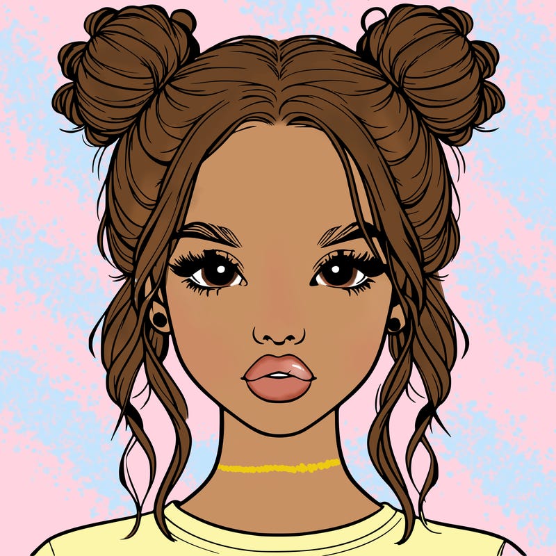 realistic girl with two buns in hair and lips