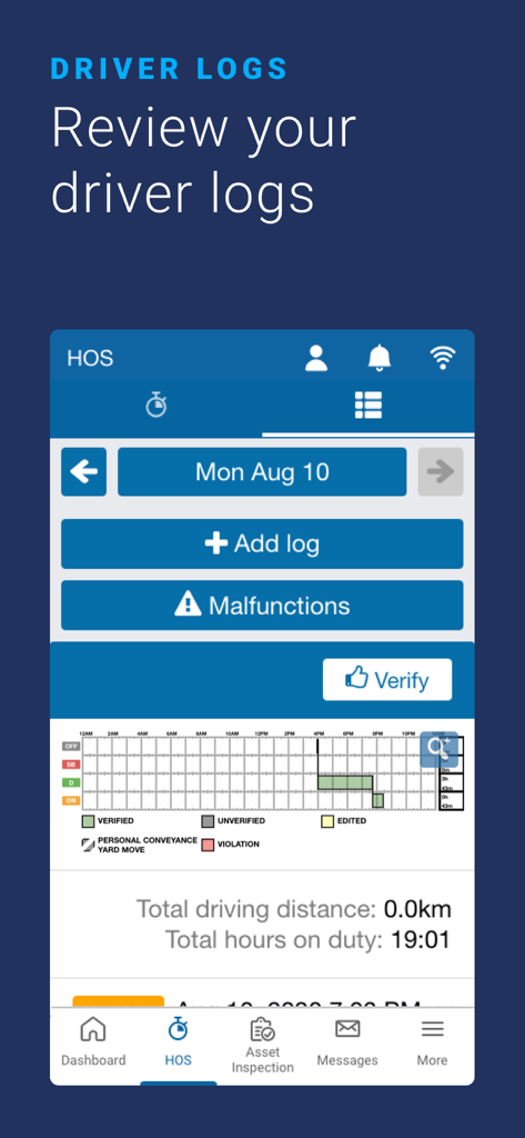 Geotab Drive mobile app showing driver logs and hours of service timeline