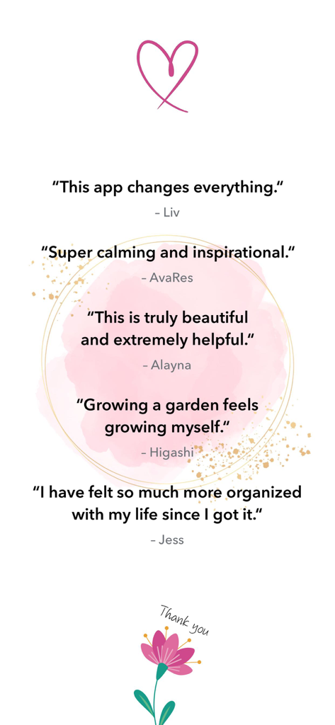 Eden: Daily Self Care Routine - ミニマリストなピンクとゴールドの美しい背景に表示された、Edenセルフケアアプリの肯定的なユーザーレビューのコレクション。