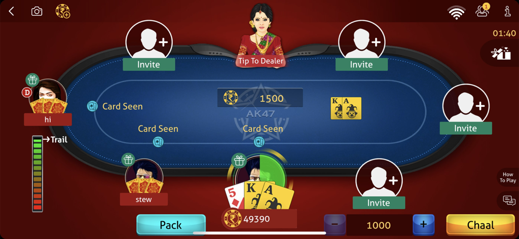 Teen Patti Game - 3Patti Poker - 실제 플레이어와 베팅 옵션이 있는 가상 카드 테이블을 보여주는 Teen Patti 3Patti Poker의 게임 플레이
