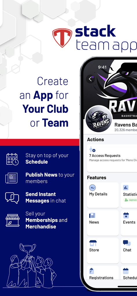 Stack Team Appのモバイルインターフェース。スポーツクラブの組織化とコミュニケーションのための機能を表示。