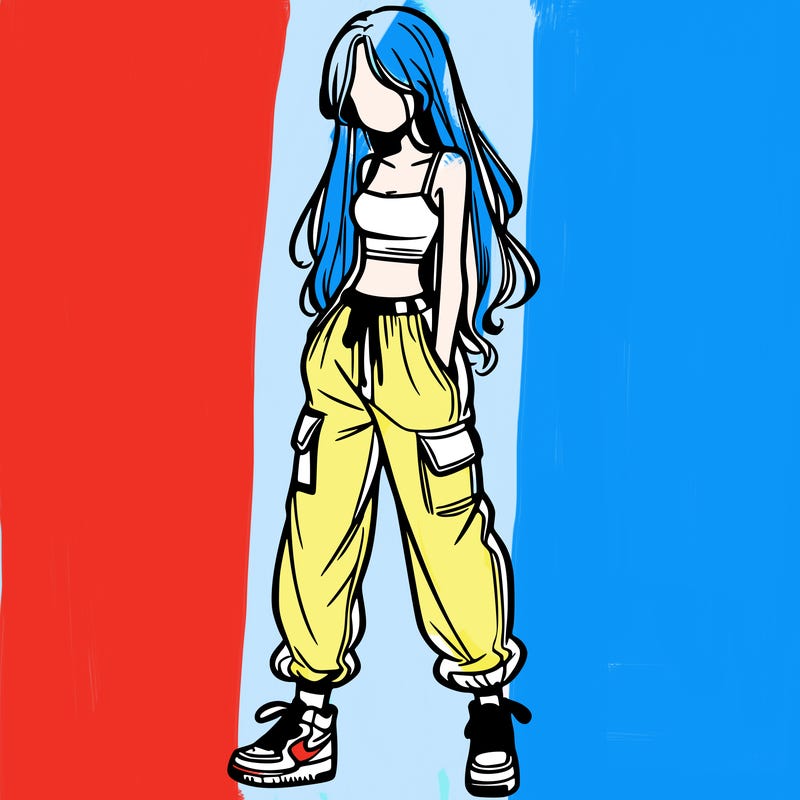 girl in baggy pants crop top and long hair