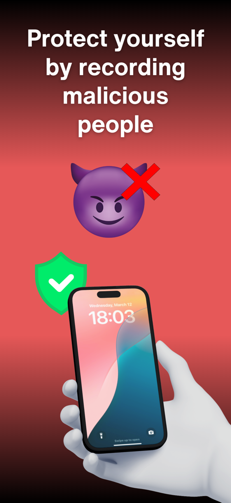 A hand holding a smartphone with text about protecting yourself by recording malicious people using the NoCam app