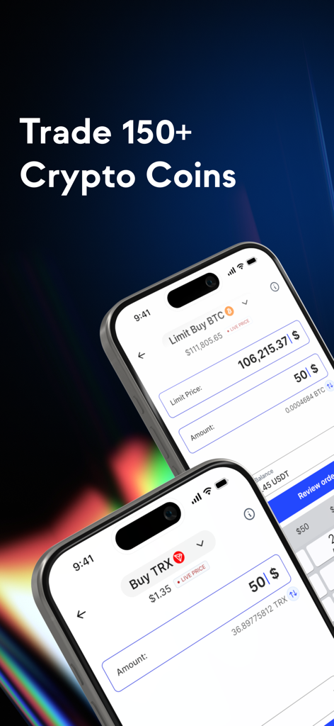 Two mobile phone screens showing the Coinhako app interface for buying Bitcoin and Tron