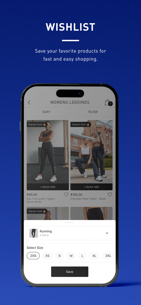 Interfaz de la app LSKD US mostrando la función de lista de deseos con leggings para mujer y opciones de selección de talla