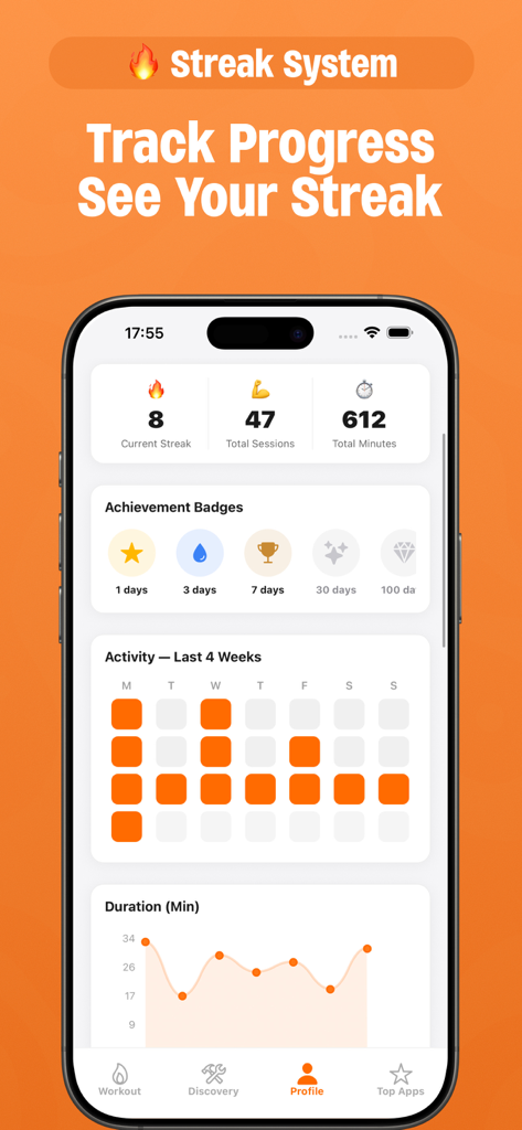 1 Minute Workout: Daily Habit - 1 Minute Workout app profile showing current streaks achievement badges and activity progress charts