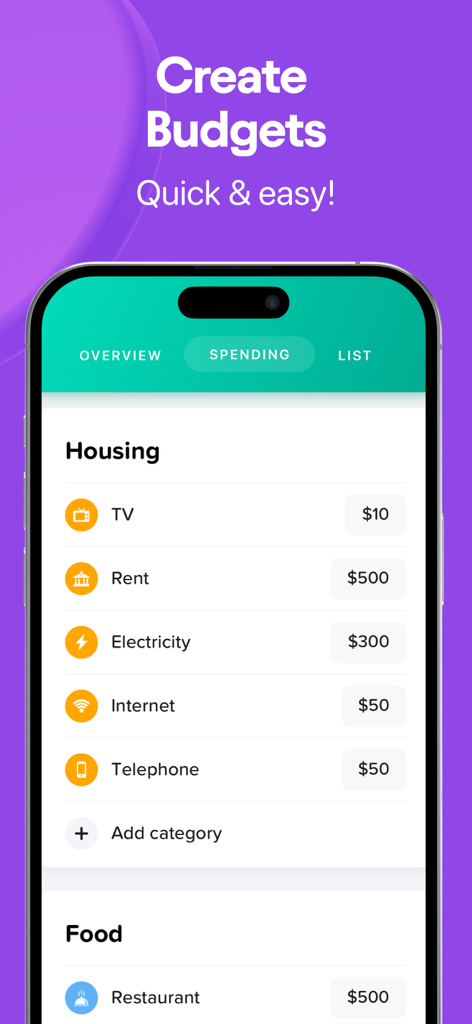 Buddy: Budget Planner App - Interfaz de la aplicación Buddy Budget Planner que muestra listas de gastos de vivienda y alimentos