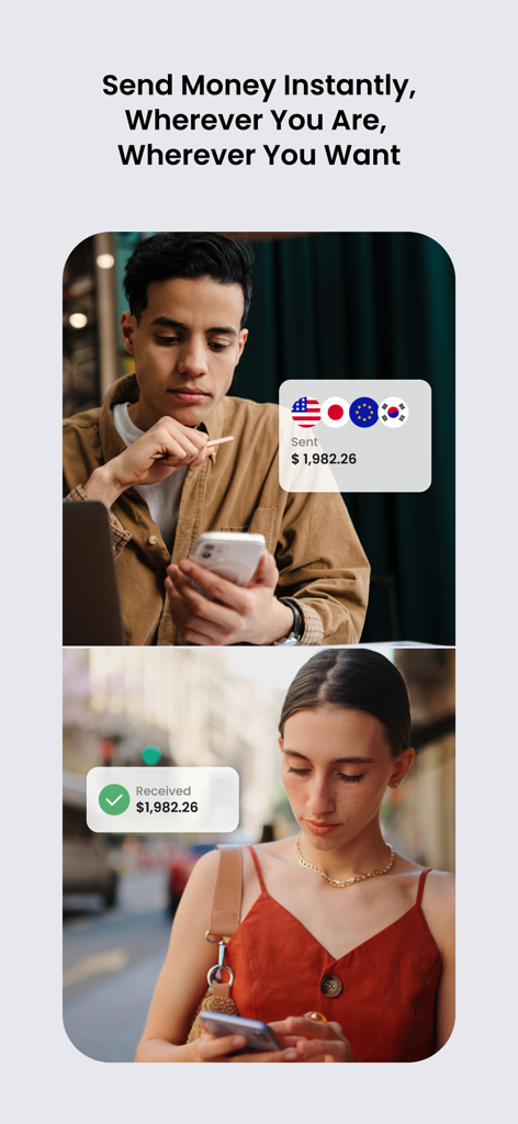 男性と女性が、異なる国間での即時国際送金のためにSTICPAYアプリを使用しています。
