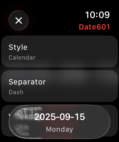Apple Watch settings for Date601 showing ISO 8601 date format options