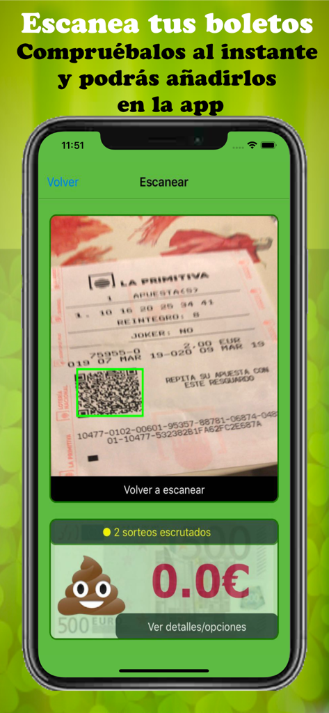 SoloPrimitiva app interface showing the QR code scanning feature for a La Primitiva lottery ticket