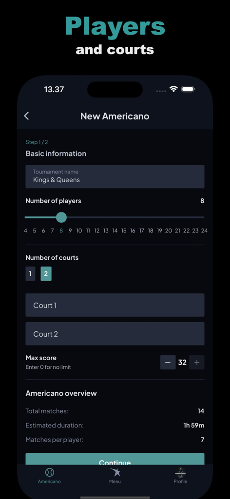 Padelution - Setting up a new Americano padel tournament in the Padelution app