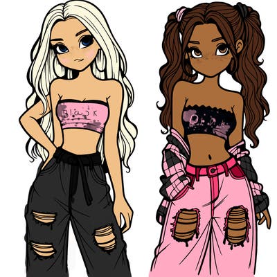 2 girls in crop tops and baggy jeans ripped