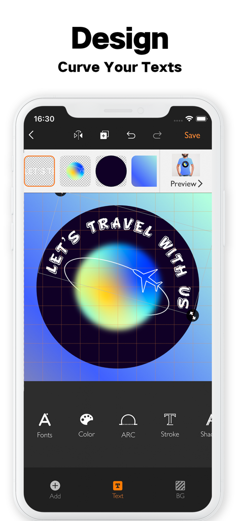 Logo Maker: Watermark Designer - A mobile app screen showing how to design a logo with curved text using a travel themed template.