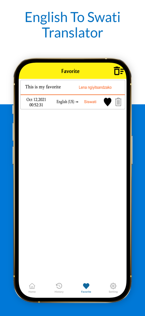 English To Swati Translator - English to Swati Translator mobile app showing a saved translation on the favorites screen