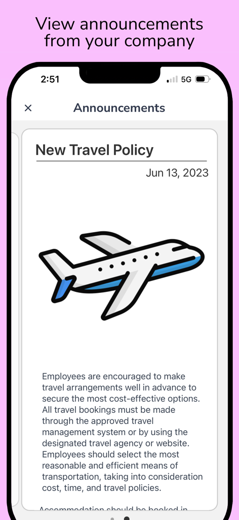 Coupa Mobile app screen showing a new corporate travel policy announcement with an airplane icon.