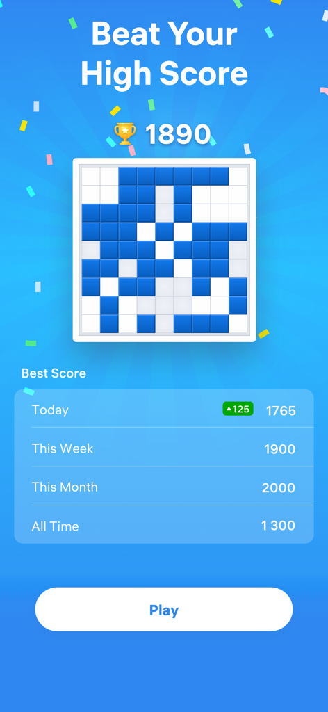 Interfaz del juego Blockudoku mostrando puntuaciones altas y un diseño de puzzle de cuadrícula con bloques azules