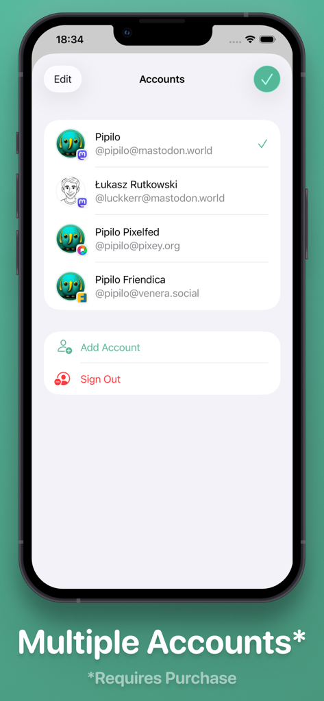 Pipilo - Pipilo mobile app interface showing the accounts management screen with multiple Fediverse accounts
