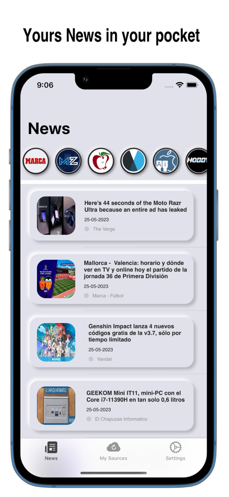 GoNews: news without adds - Clean news feed in the GoNews app showing a list of articles from tech and sports sources on an iPhone screen.