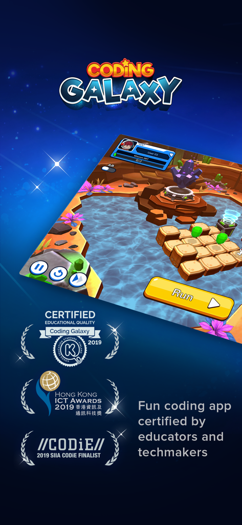 Coding Galaxy game interface featuring educational award certifications and STEM learning gameplay.