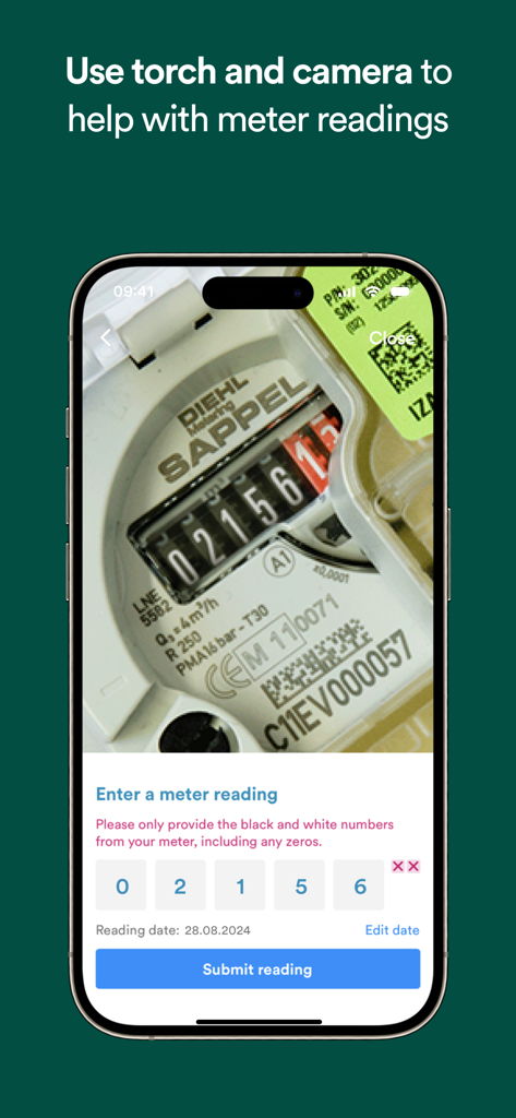 United Utilities: Your Water - United Utilities app screen showing a user submitting a water meter reading using their smartphone camera and torch.